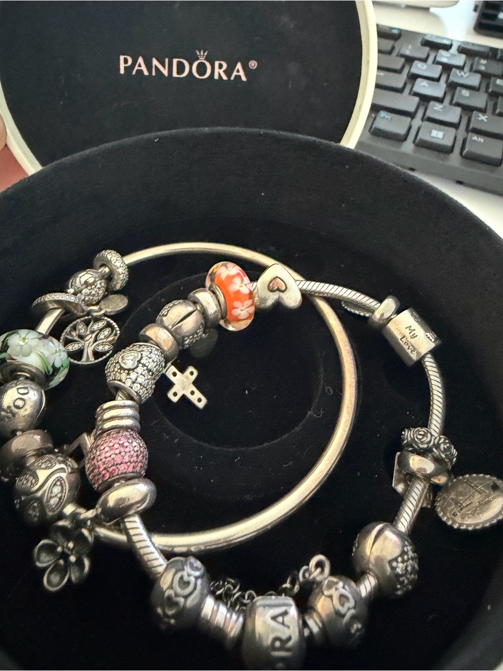 Pandora Silver Charm Bracelet with Pink Pavé and Orange Floral Murano